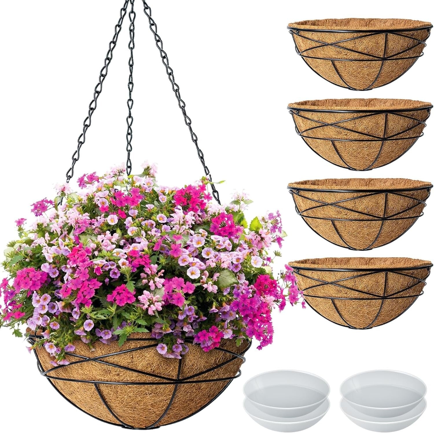 Weatherproof 4 Pack 14" Hanging Baskets with Coco Liner - Ideal for Outdoors