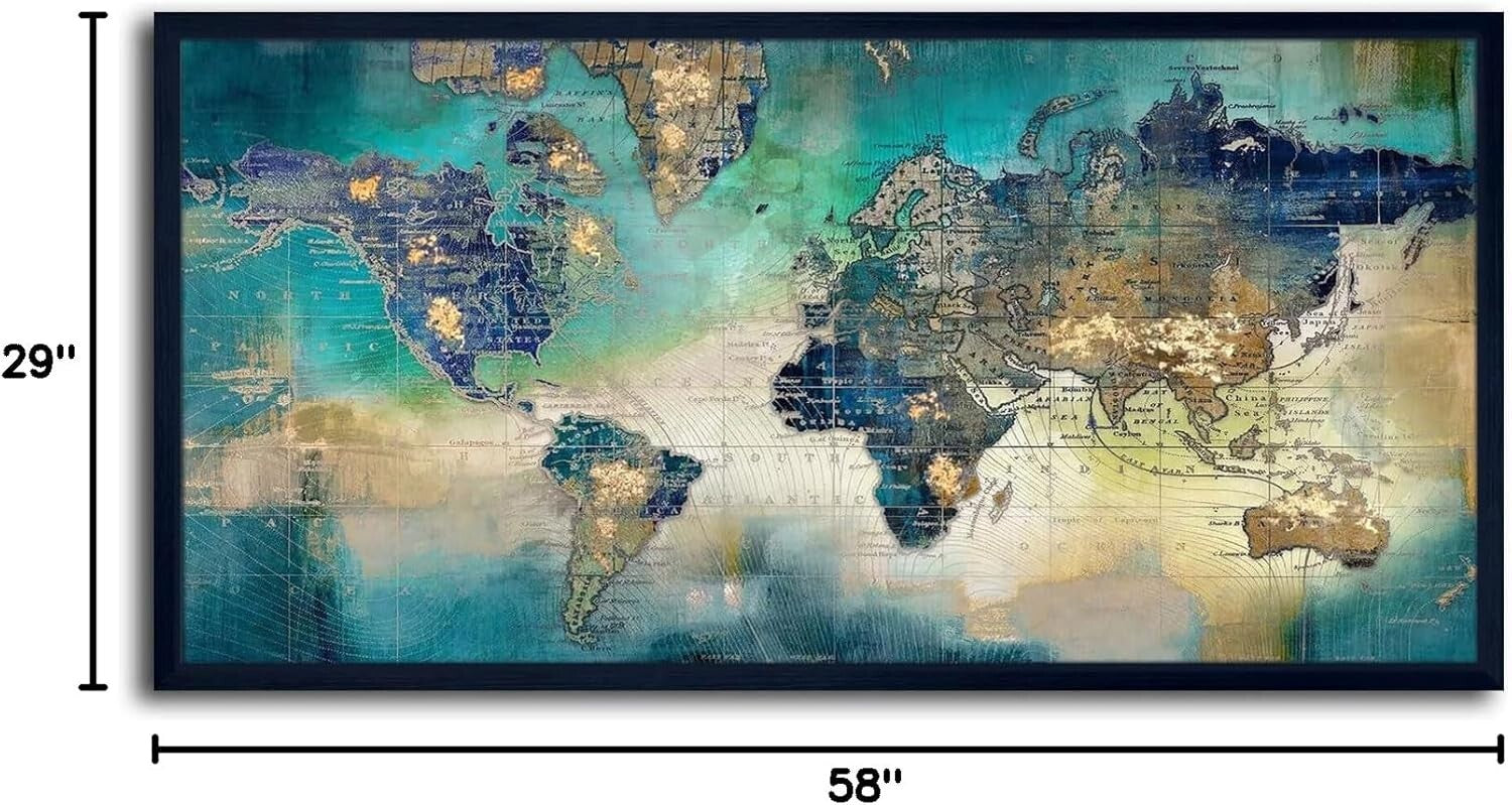 High-Quality Green World Map Canvas Print Wall Art – 29x58 Ready to Hang