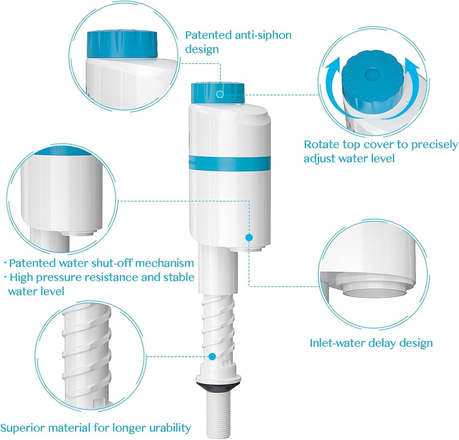 Anti-Siphon Toilet Fill Valve with Adjustable Height and Water Saving Features