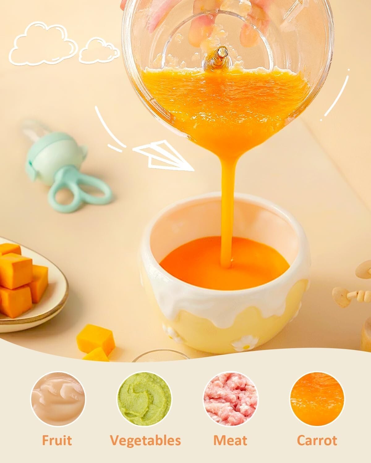 Effortless Baby Food Maker Set with 600ml Glass Bowl & Stainless Steel Blades