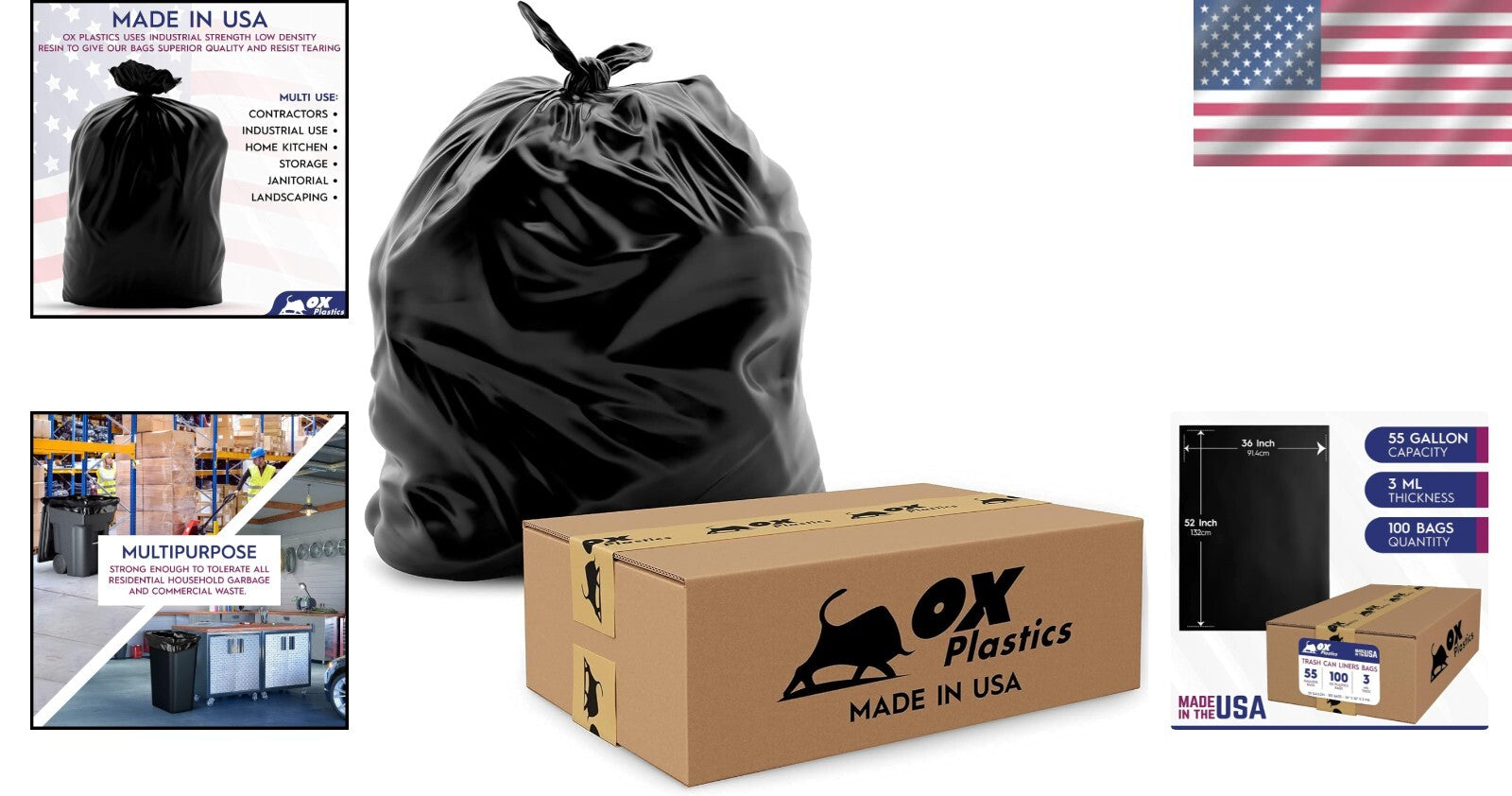 Large 55 Gallon Trash Can Liners - 3 MIL Thick, 100 Count for Reliable Cleanups