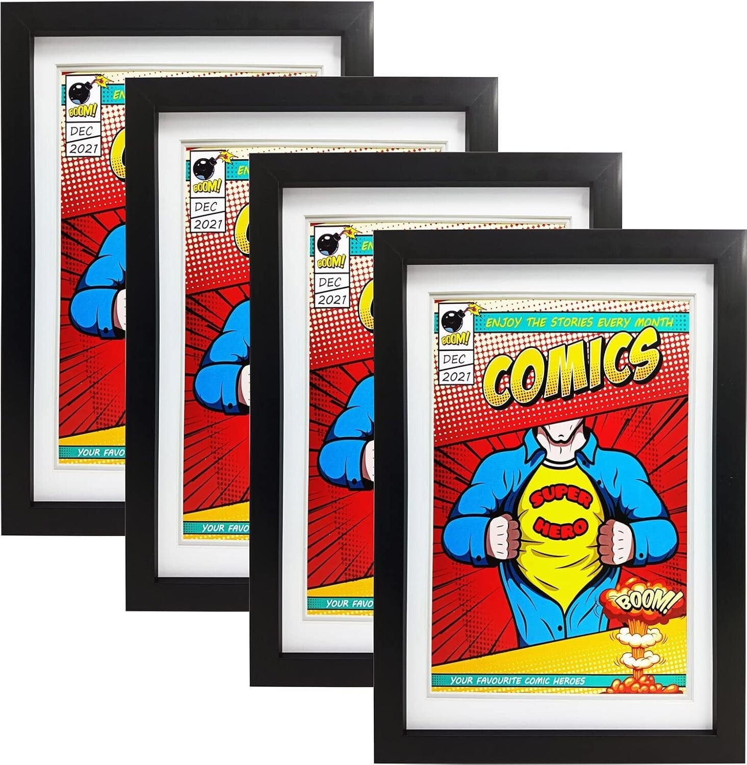 Easy-Install Comic Frame Set: 4 Frames with Glass & White Mat for Displaying