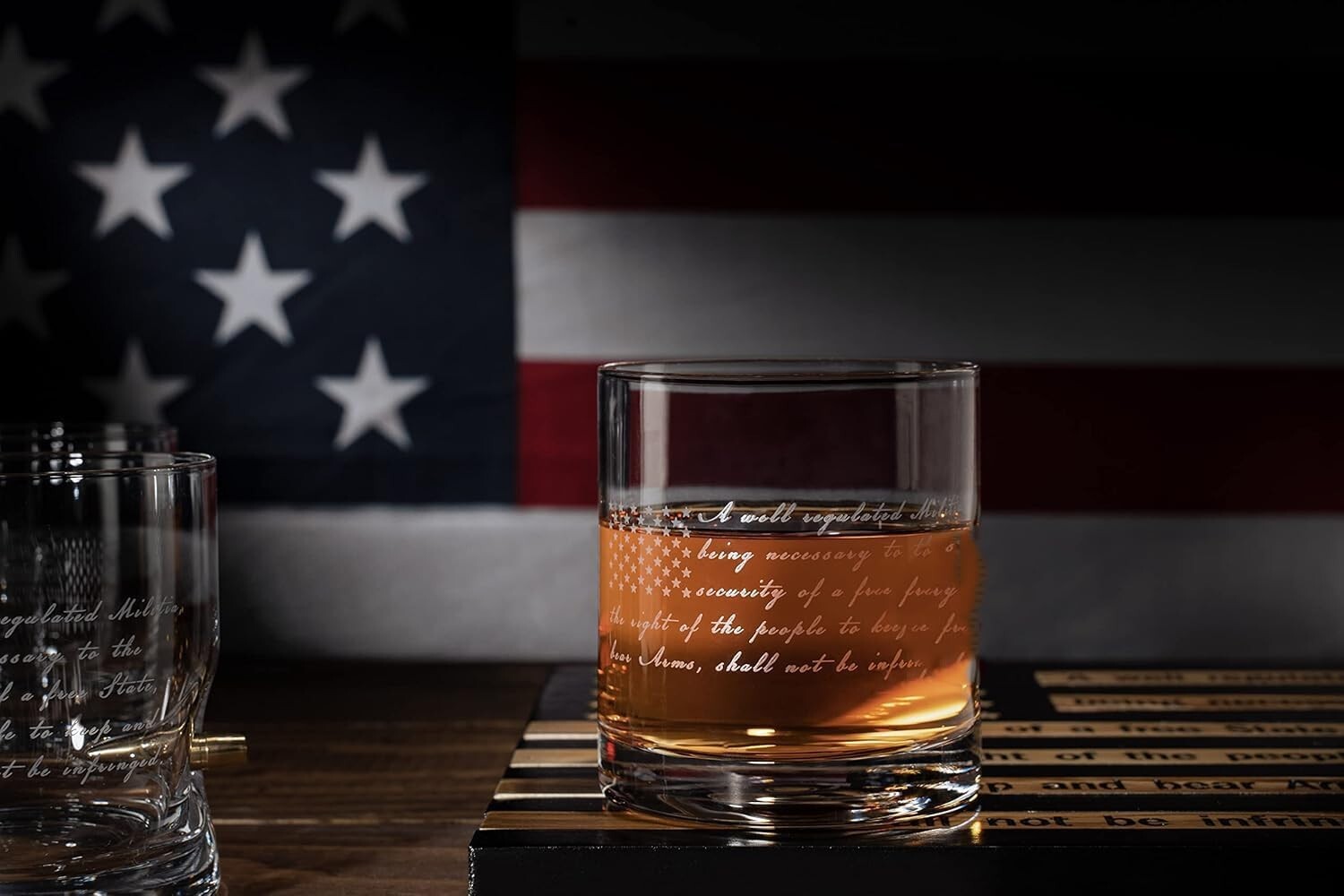 Patriotic Whiskey Rocks Glasses Set with Elegant Wood Tray - 2nd Amendment Gift