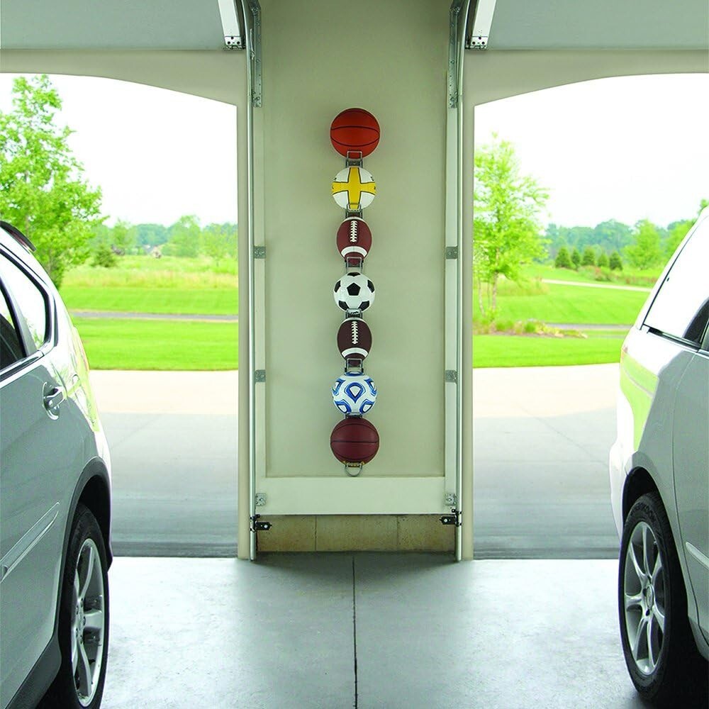 Space-Saving Silver 7-Ball Sports Rack for Efficient Garage Organization