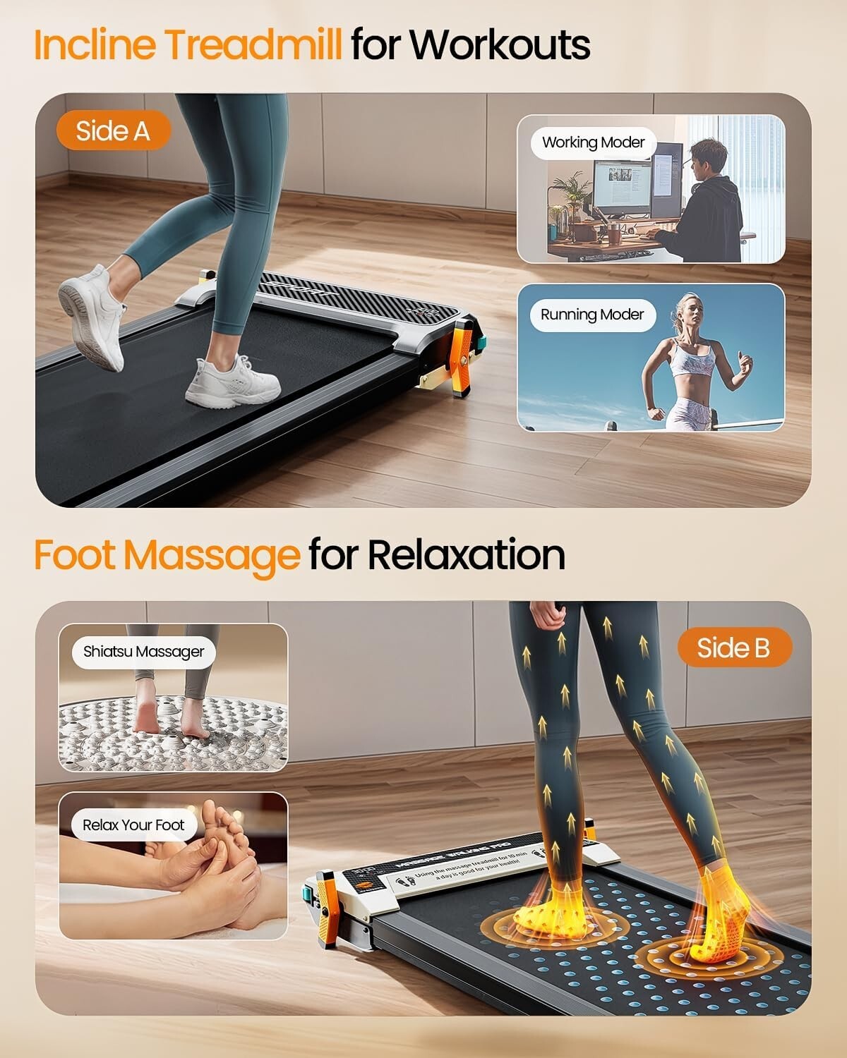 Quiet 2.5HP Multi-Function Treadmill with Incline & Foot Massage for All Users