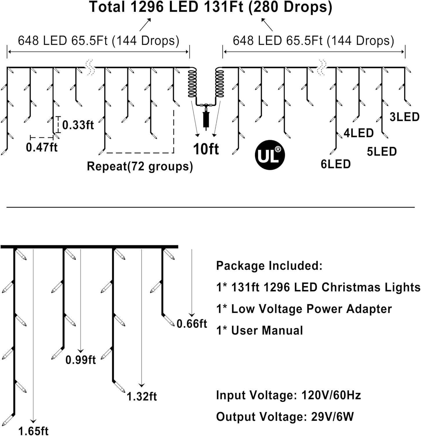 131FT Waterproof LED Curtain Lights - 1296 Multicolor Drops & Timer Function