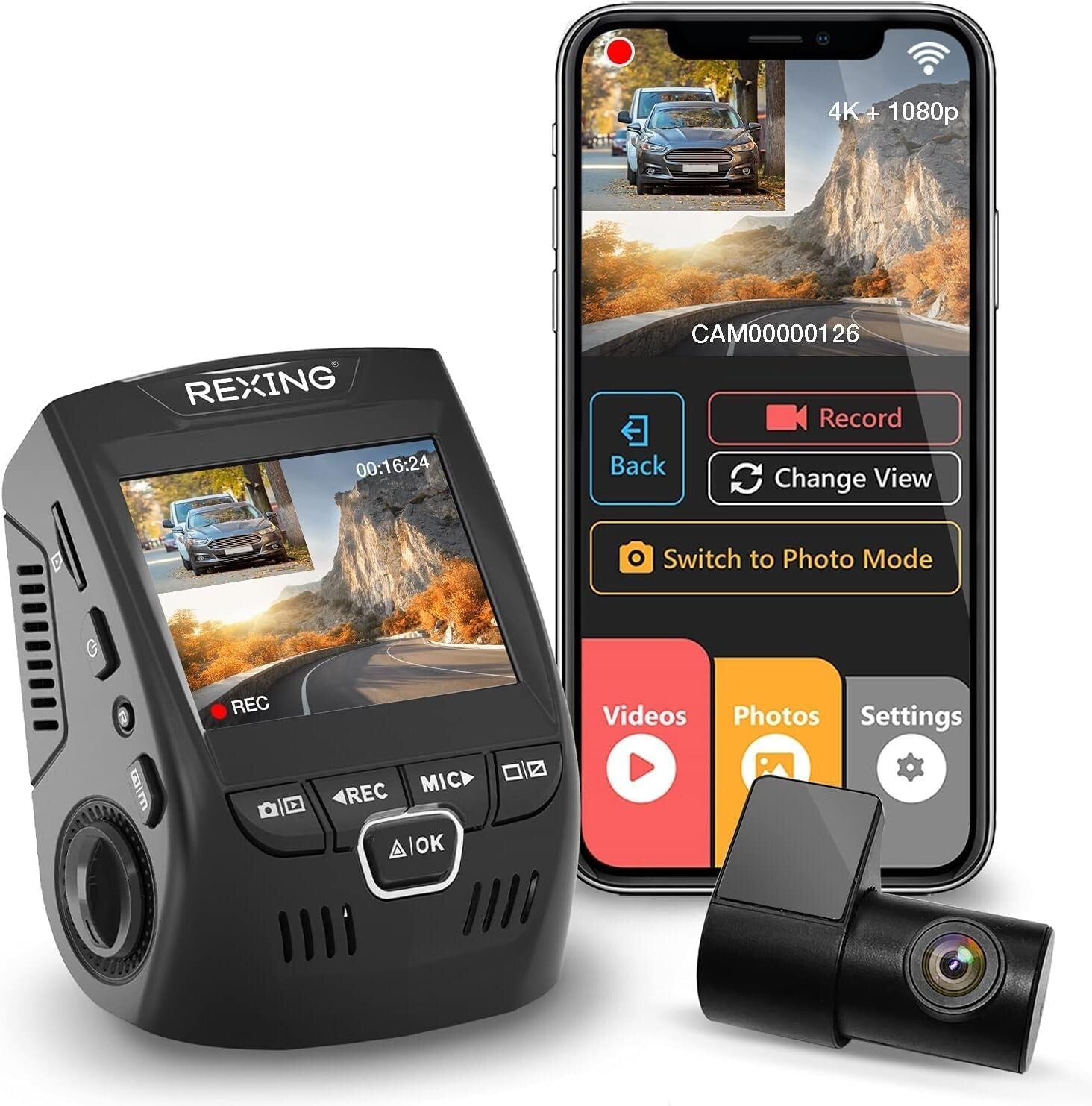 4K Front & Rear Dash Cam with Mobile App Control, 170° Wide View & Night Vision