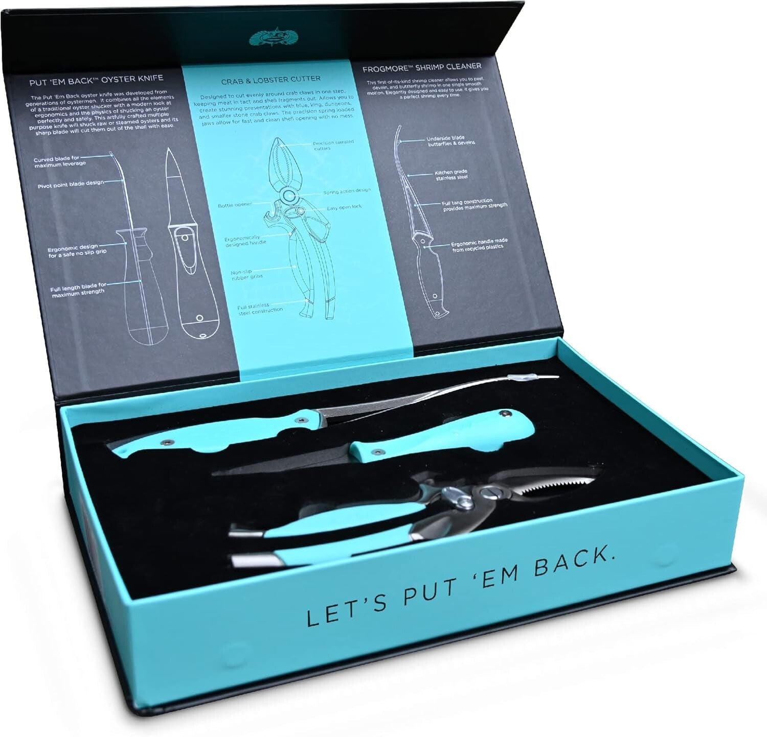 Ergonomic Seafood Tool Set: Crab Cutter, Shrimp Deveiner & Oyster Knife in Blue