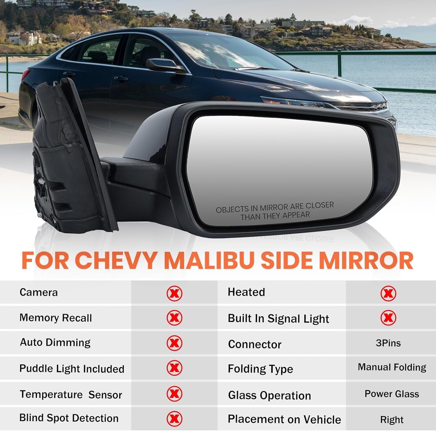 Gloss Black Right Side View Mirror for Chevy Malibu, OE Number: 84705520-PFM