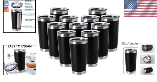 12 Pack 20oz Insulated Stainless Steel Tumblers with BPA-Free Lid for Hot & Cold