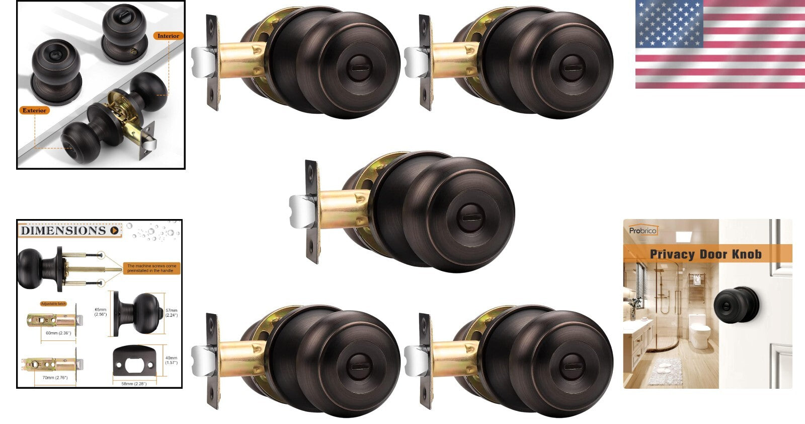 5 Pack Oil Rubbed Bronze Privacy Door Knobs - Easy Installation & Secure Lock