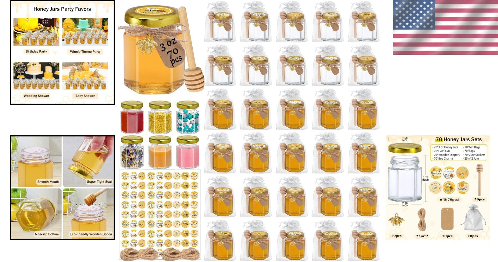 Bulk Set of 70 Beautiful Glass Honey Jars 3 oz with Lids & Customizable Stickers