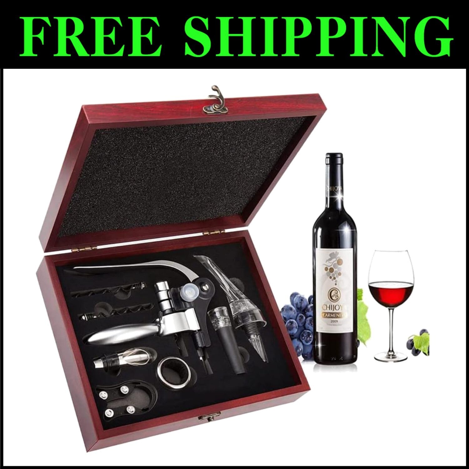 Elegant Wine Accessories Kit with Corkscrew, Foil Cutter & Wooden Gift Box