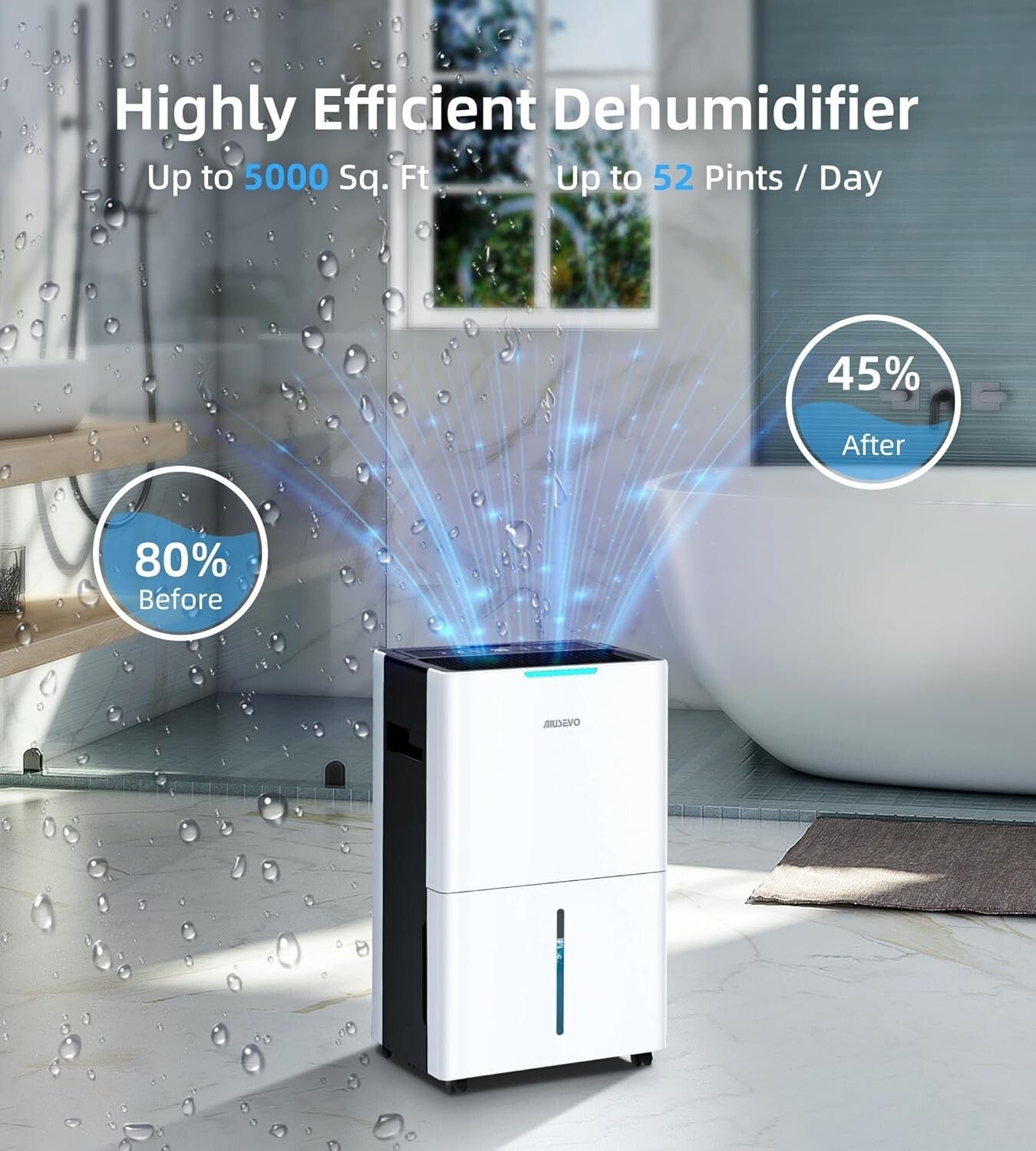Portable 5000 Sq. Ft Dehumidifier with Continuous Drainage & Three Modes