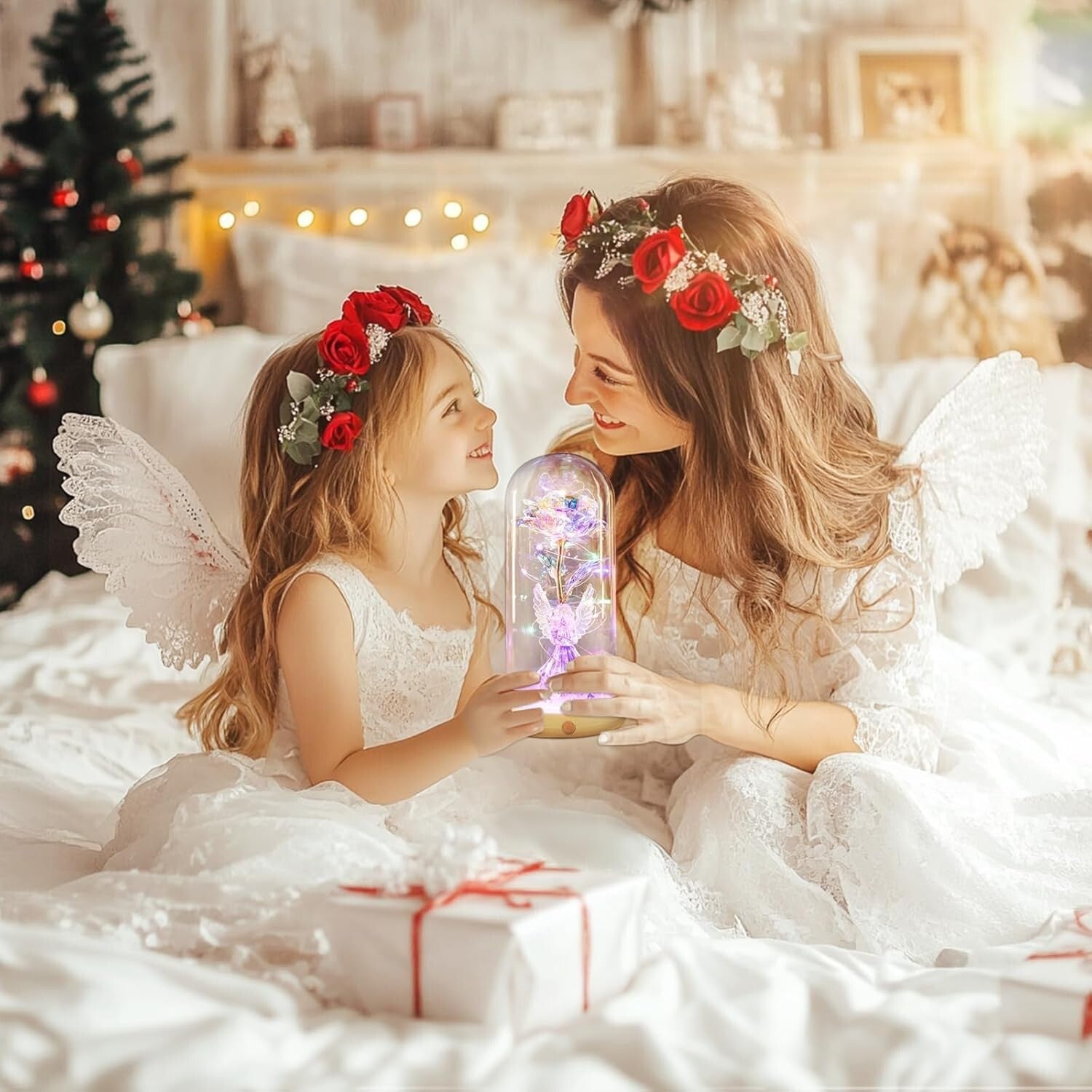 Charming Preserved Rose and Angel Figurine in Glass Dome - Versatile Home Decor