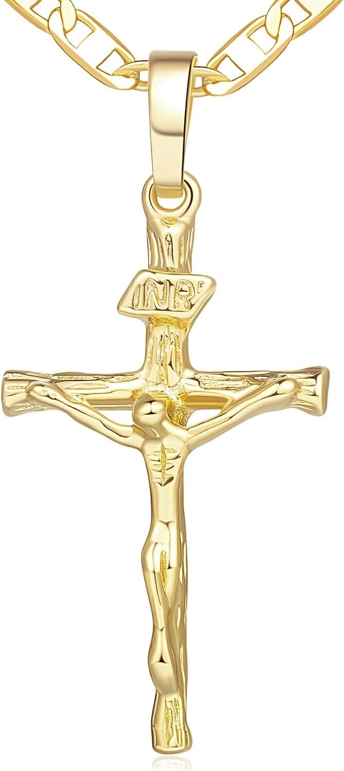 Versatile 14K Gold Cross Necklace with Detailed Jesus Pattern - Unisex Style
