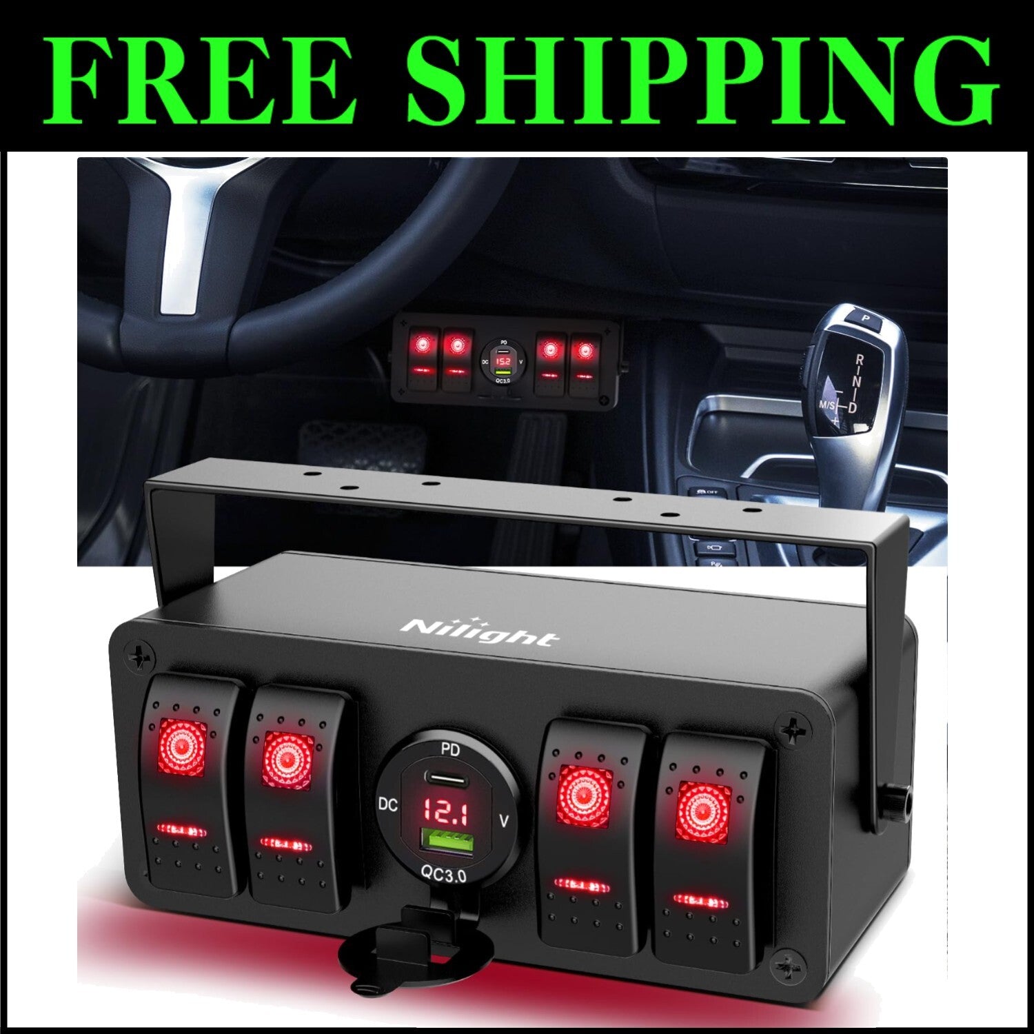 Rocker Switch Box with 4 Gang Control, USB Charger & Adjustable Mount Bracket