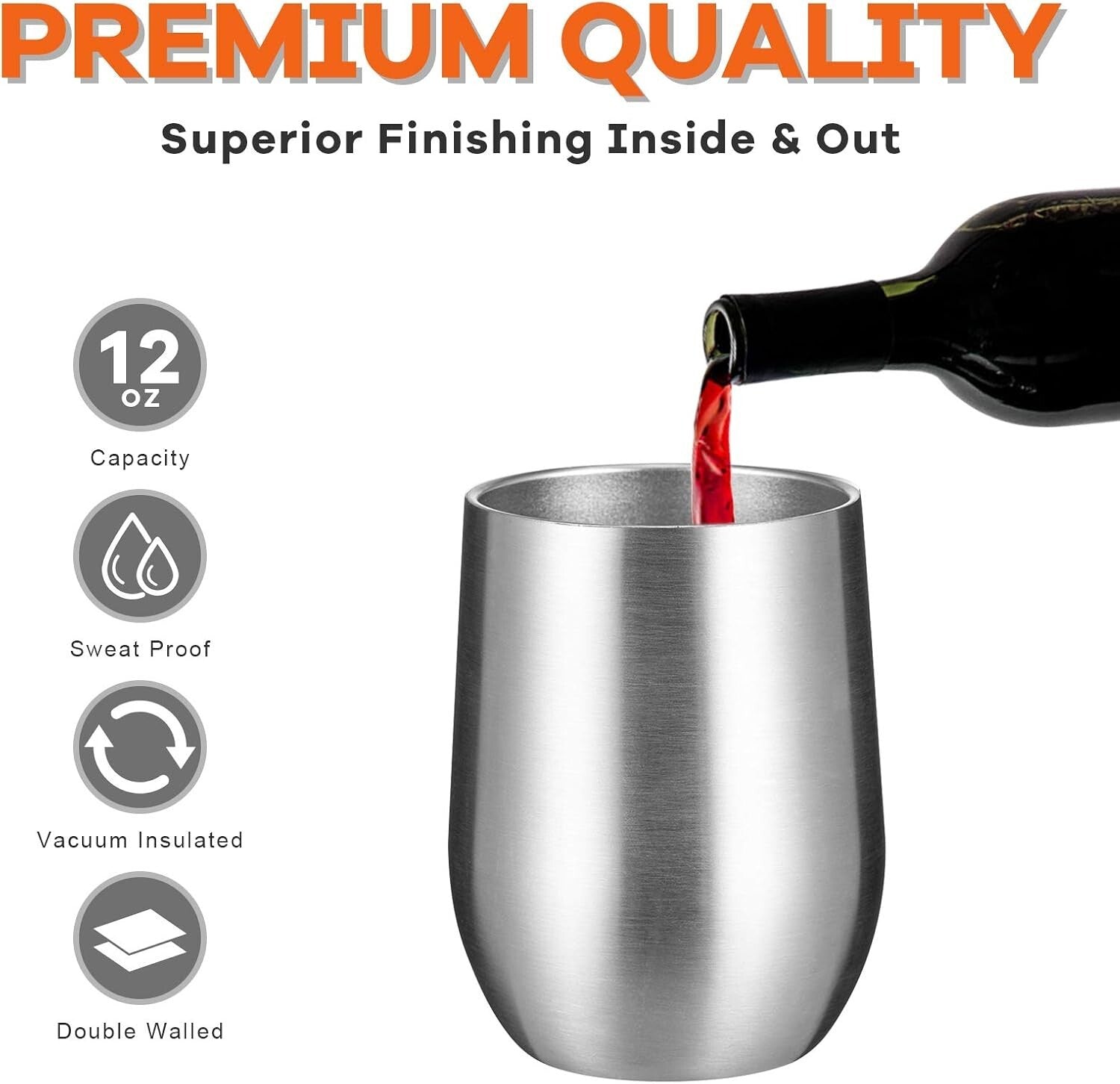 Durable 12oz Silver Stemless Wine Tumblers - Double Wall Insulation, 8 Count