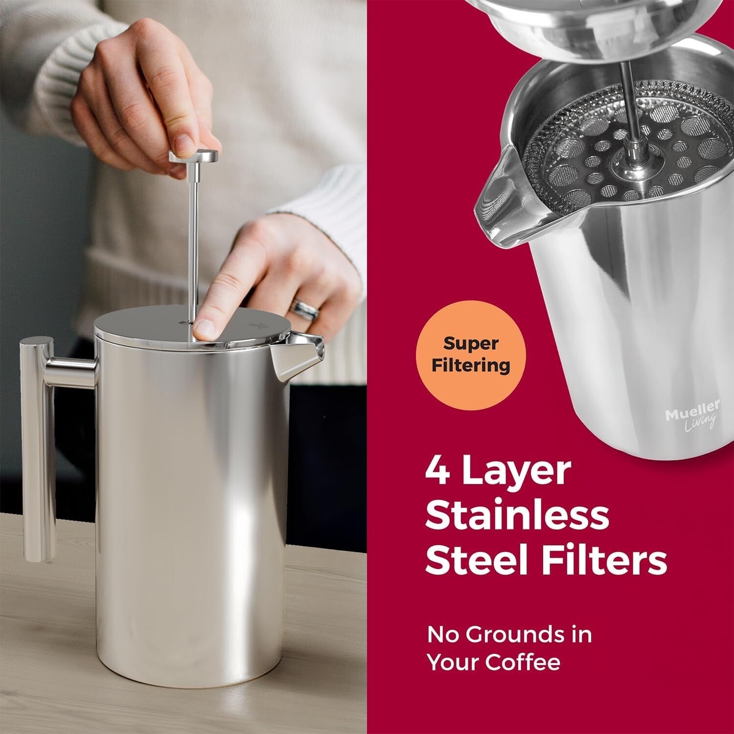 34oz Stainless Steel French Press with 4-Level Filtration for Rich Coffee Flavor