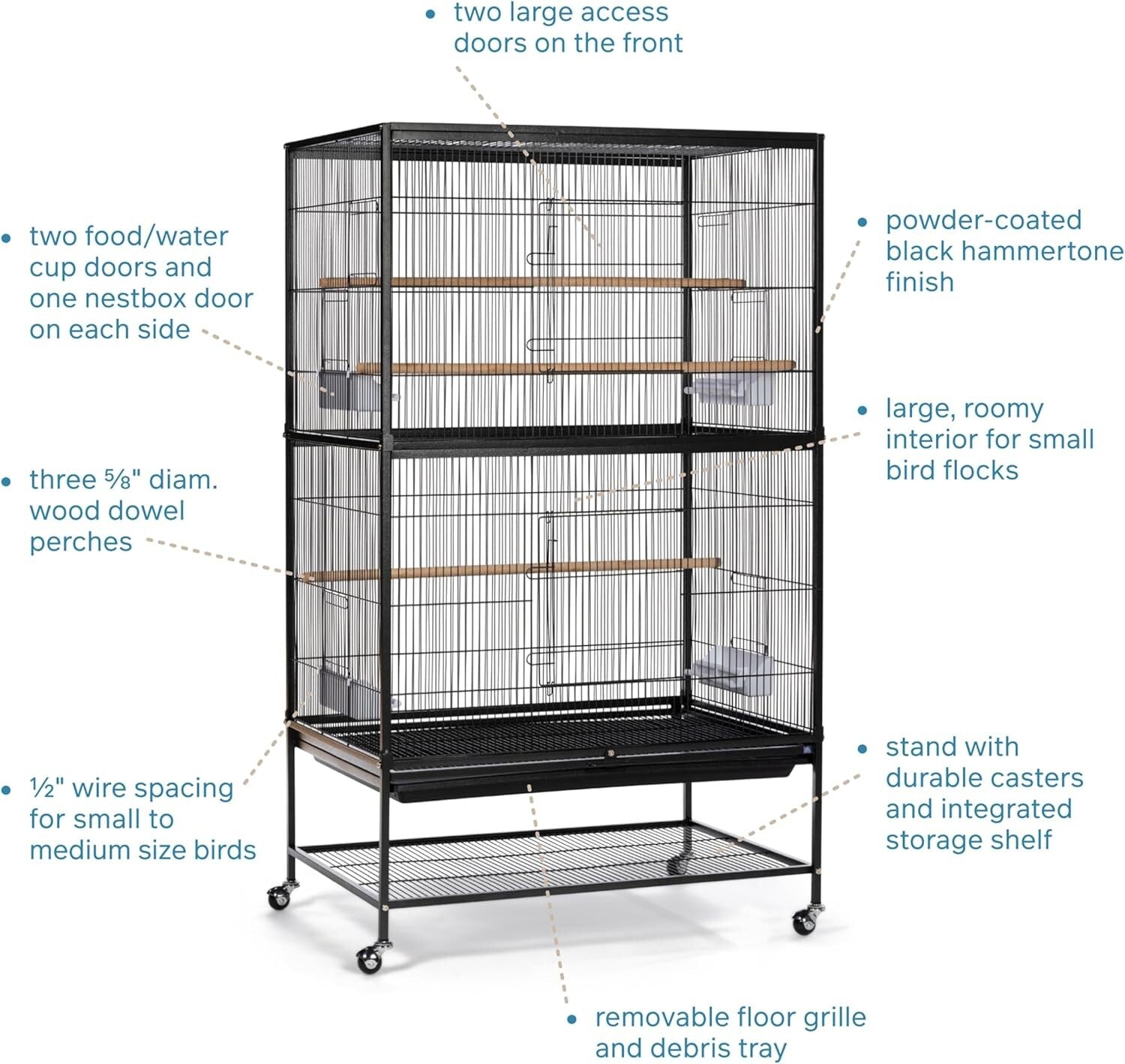 Large Wrought Iron Birdcage, 31"L x 20.5"W x 53"H with Storage & Rolling Casters
