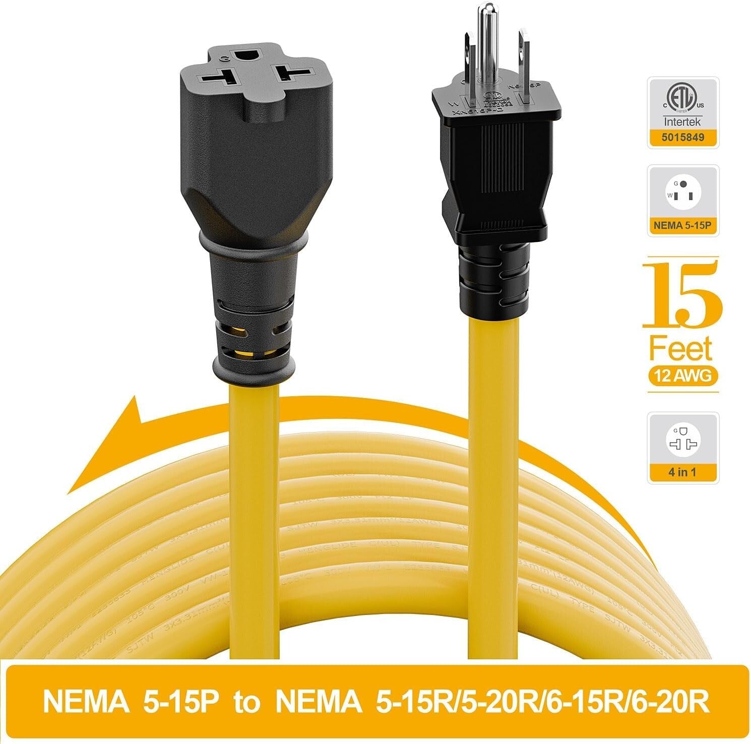 15FT NEMA 5-15P Adapter Cable - Heavy-Duty 12AWG for Versatile Power Needs