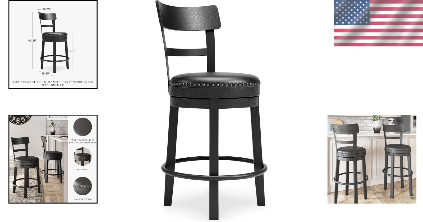 Rustic-Inspired 360° Swivel Barstool - 43.25" Height with Nailhead Trim