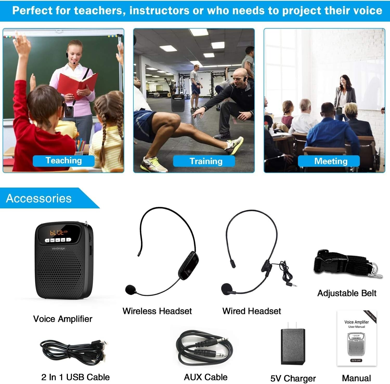 15W Portable Teacher Voice Amplifier - Wireless & Wired Microphone Included