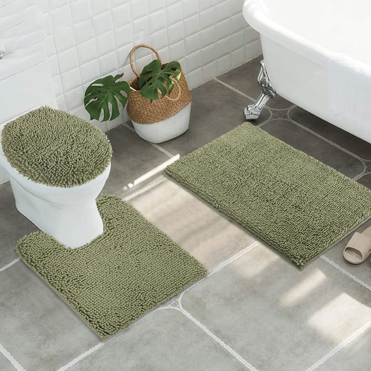 Elegant Sage Green 3-Piece Bath Mat Set with Non-Slip Design and Washable Fabric