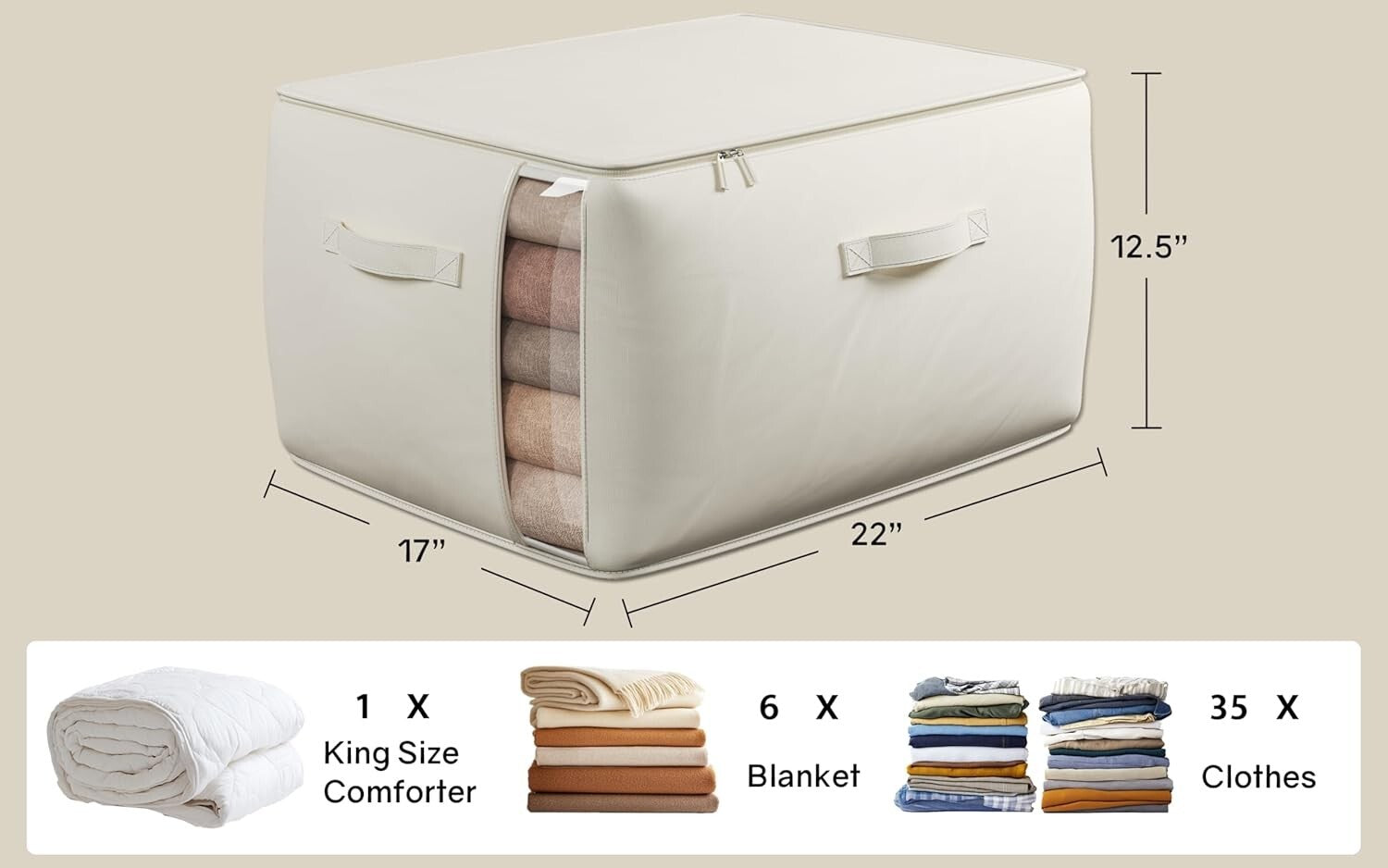 Spacious 70L Foldable Cotton Linen Storage Bags with Zipper & Side Window, Beige