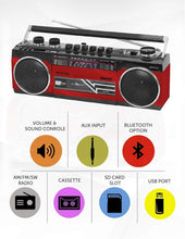 Load image into Gallery viewer, Portable Bluetooth Boombox - Retro Cassette Player, AM/FM Radio &amp; USB - Red