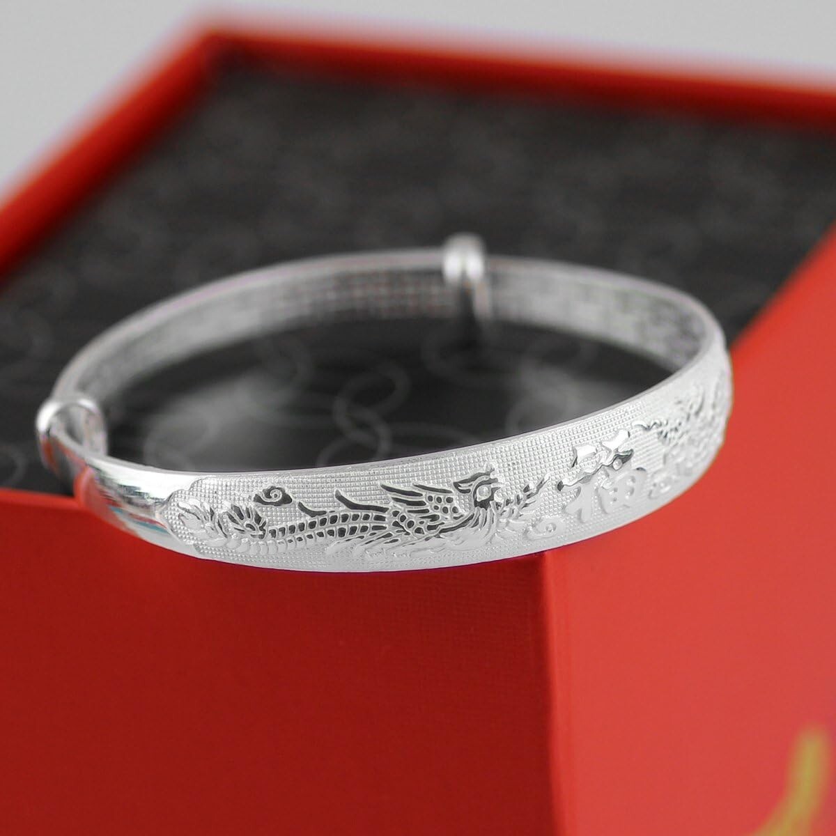 Elegant Women's 999 Silver Bracelet - Adjustable Dragon and Phoenix Charm Bangle