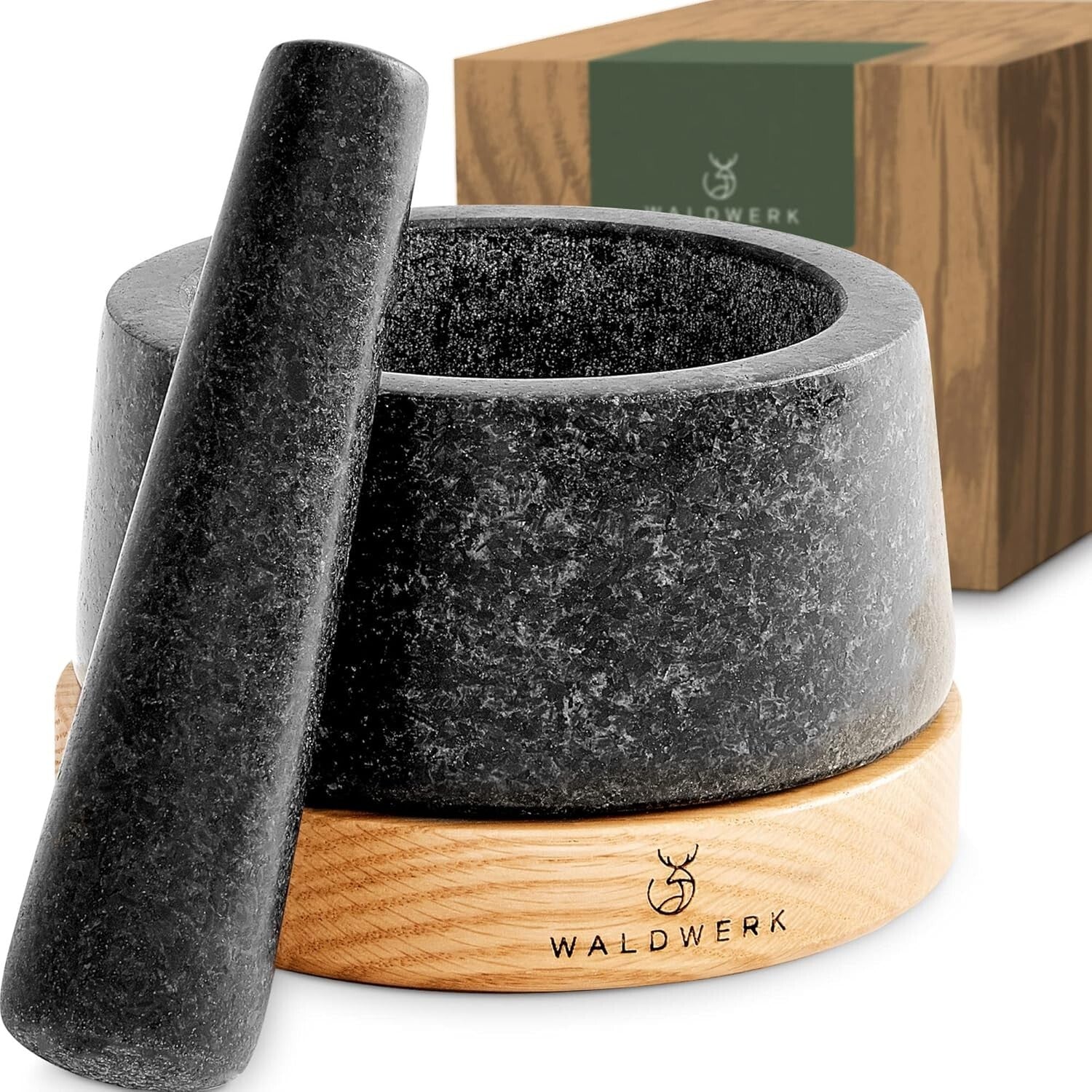 Elegant Granite Mortar & Pestle with Anti-Scratch Oak Base - Extra Large Size