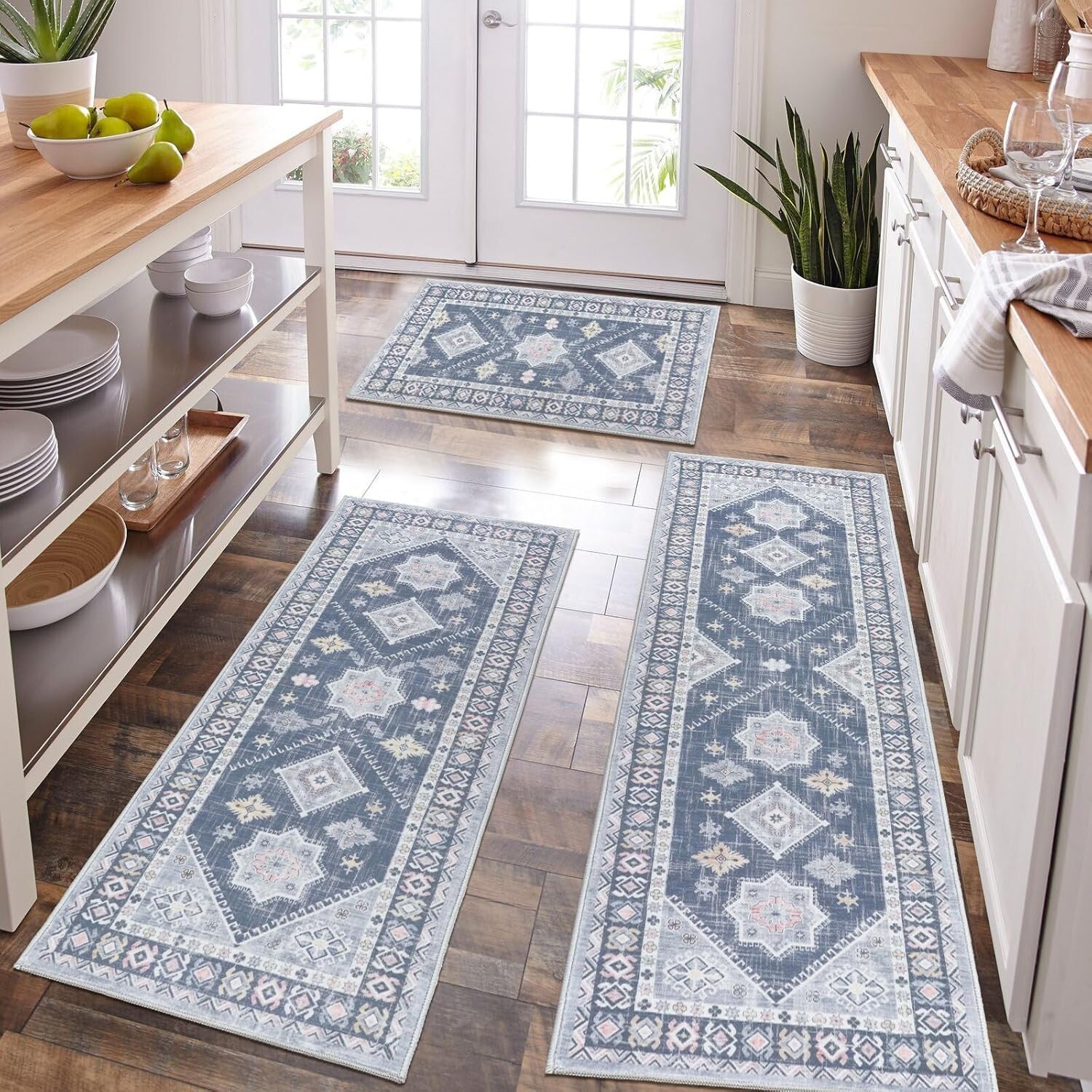 Non-Slip Kitchen Runner & Mats Set - 3-Piece Floral Rugs for Indoor/Outdoor Use