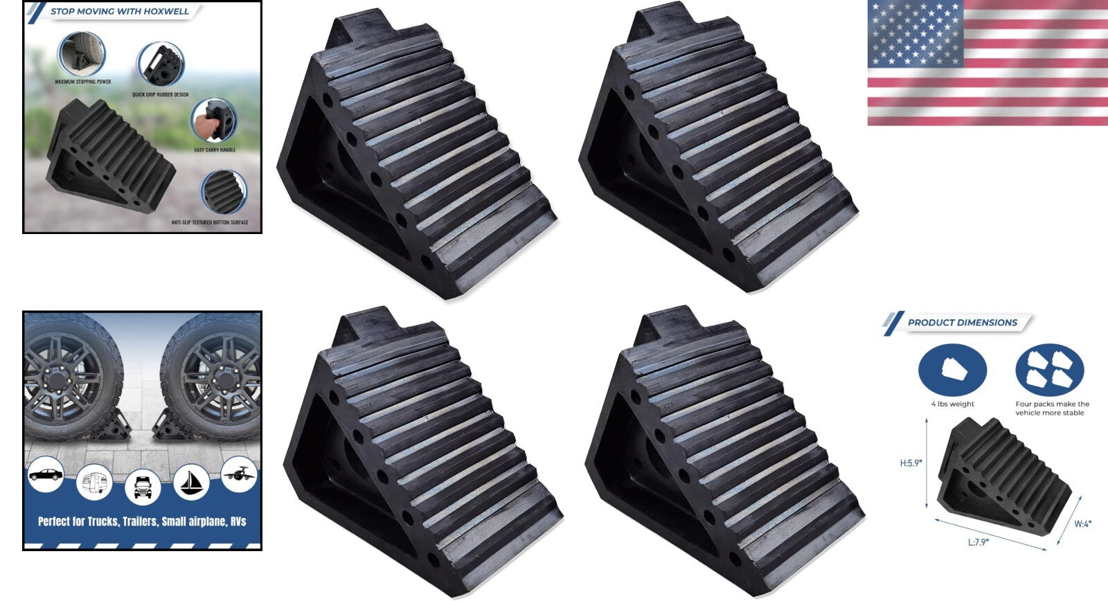 Durable Triangle Design Rubber Wheel Chocks - 4 Pack for Ultimate Stability
