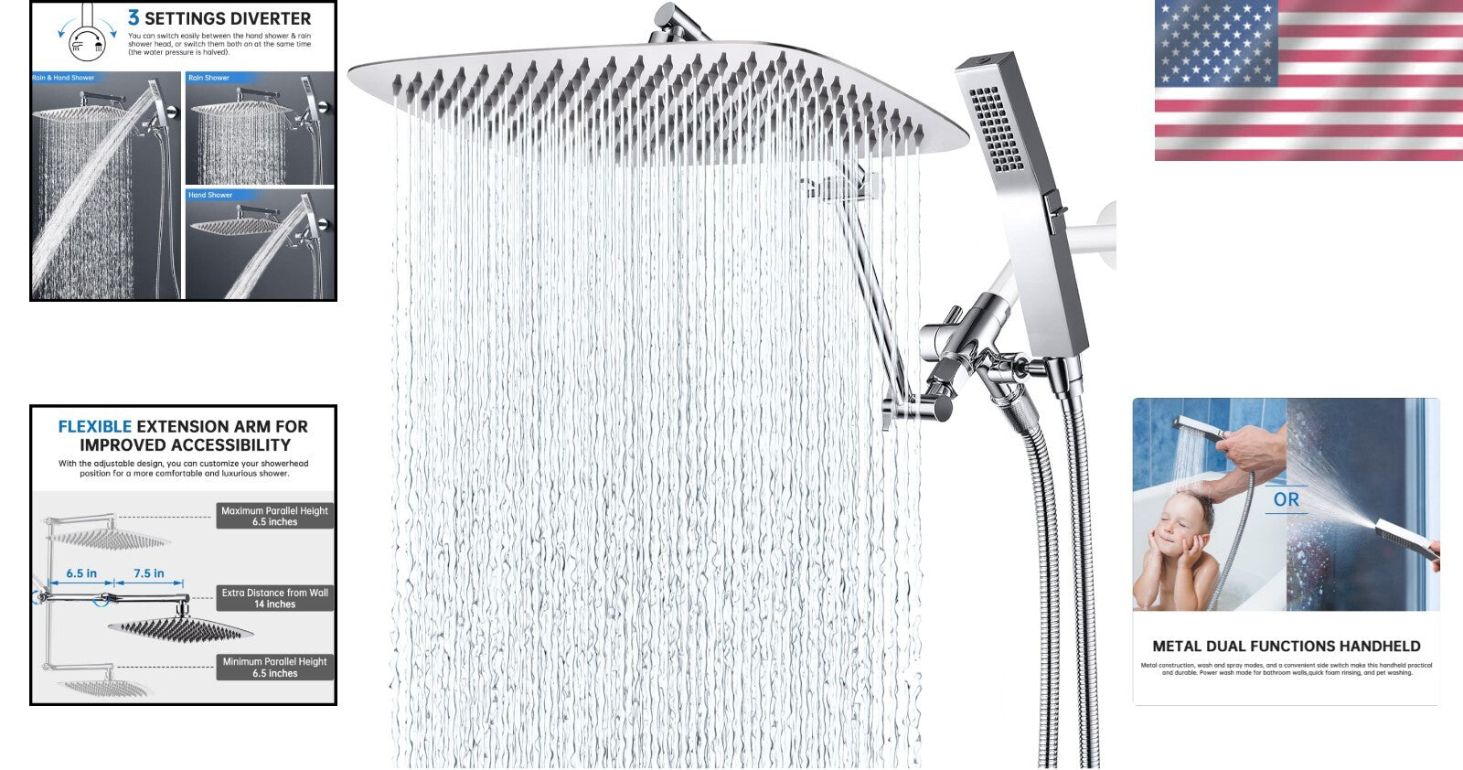 Luxury 14-Inch Rainfall Shower Head & Handheld Spray with 3 Settings Diverter