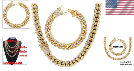Iced Out Cuban Link Necklace and Bracelet Set - 18K Gold Plated for Men