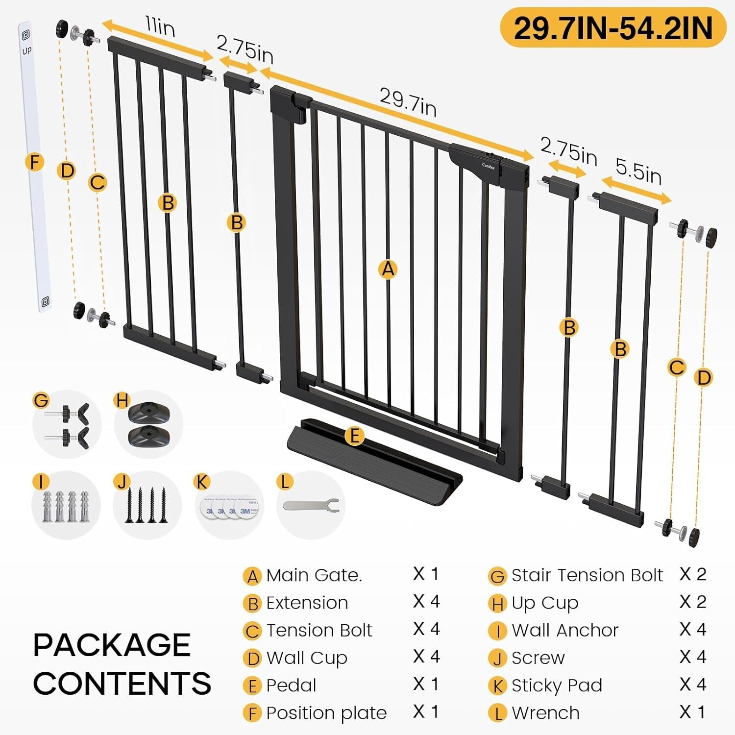 Black Pressure Mounted 36" Child & Pet Safe Gate - Auto Close & Adjustable Width