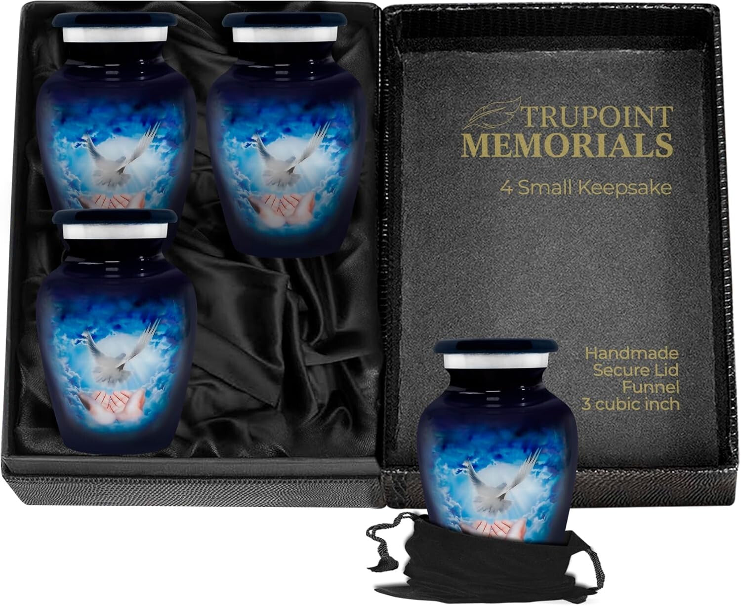 Elegant Set of 4 Blue Dove Keepsake Urns for Human Ashes - Handcrafted Beauty