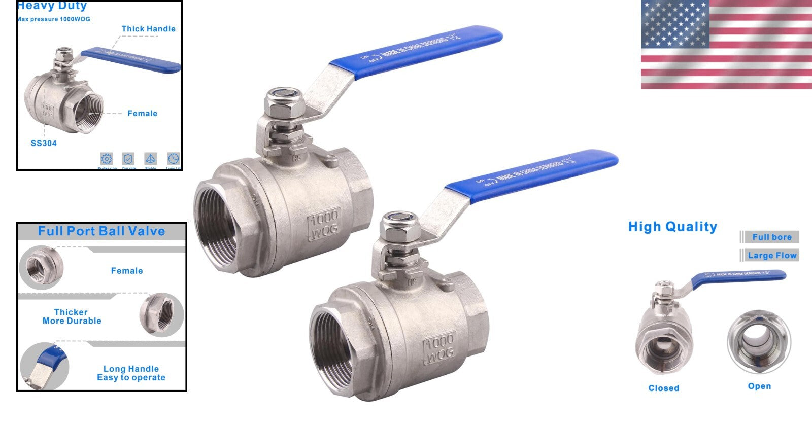 High Pressure 1-1/4" Stainless Steel Ball Valves with Insulated Handles (2-Pack)