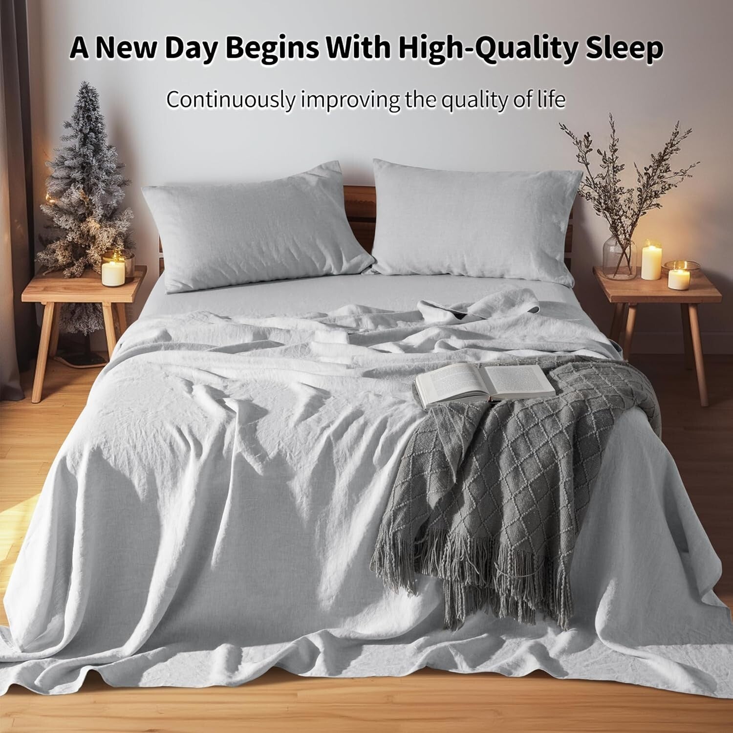 Breathable 100% Linen Bed Sheets Set, Full Size, Deep Pocket, All Season Comfort