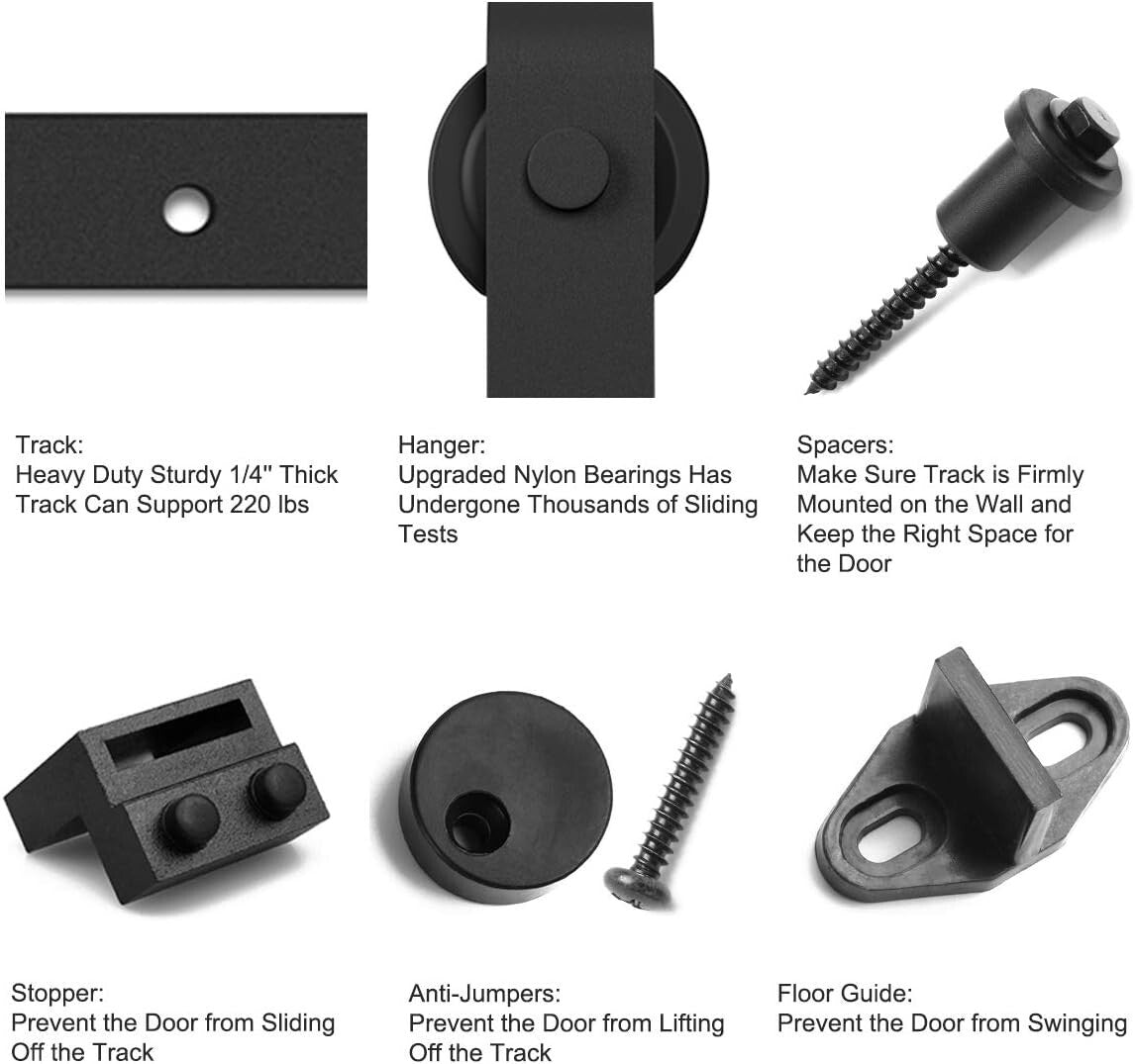 Durable Heavy Duty Black Barn Door Hardware Kit - Easy Install with Instructions