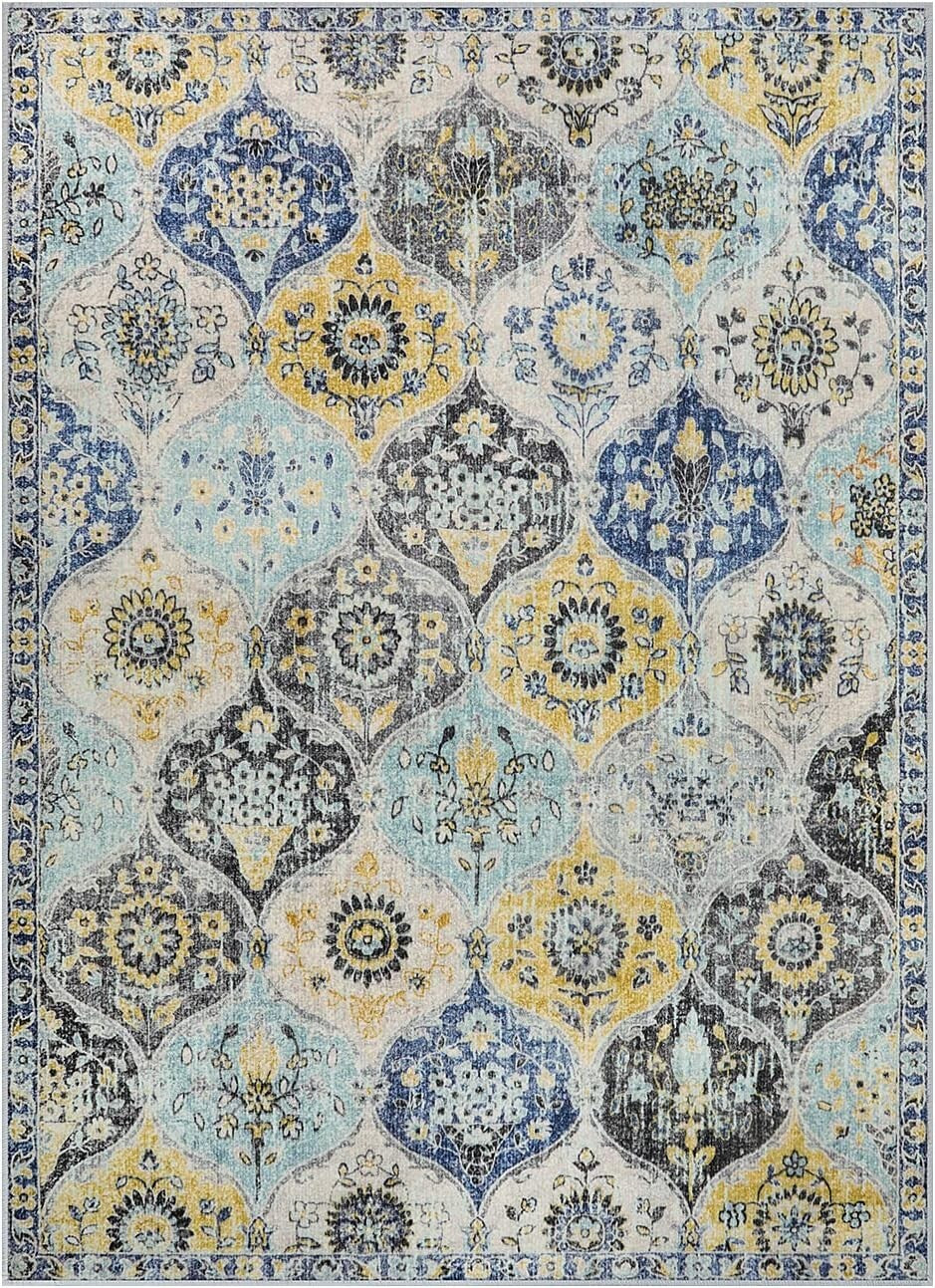 Durable 5x7 Washable Area Rug – Non-Slip Floral Pattern for High Traffic Areas