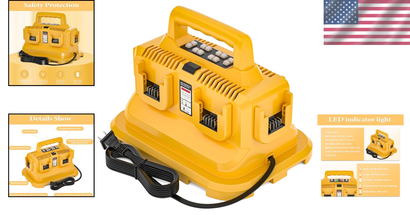 6-Port Rapid Battery Charger Station for Devvalt 20V/60V Batteries - AC 100-240V