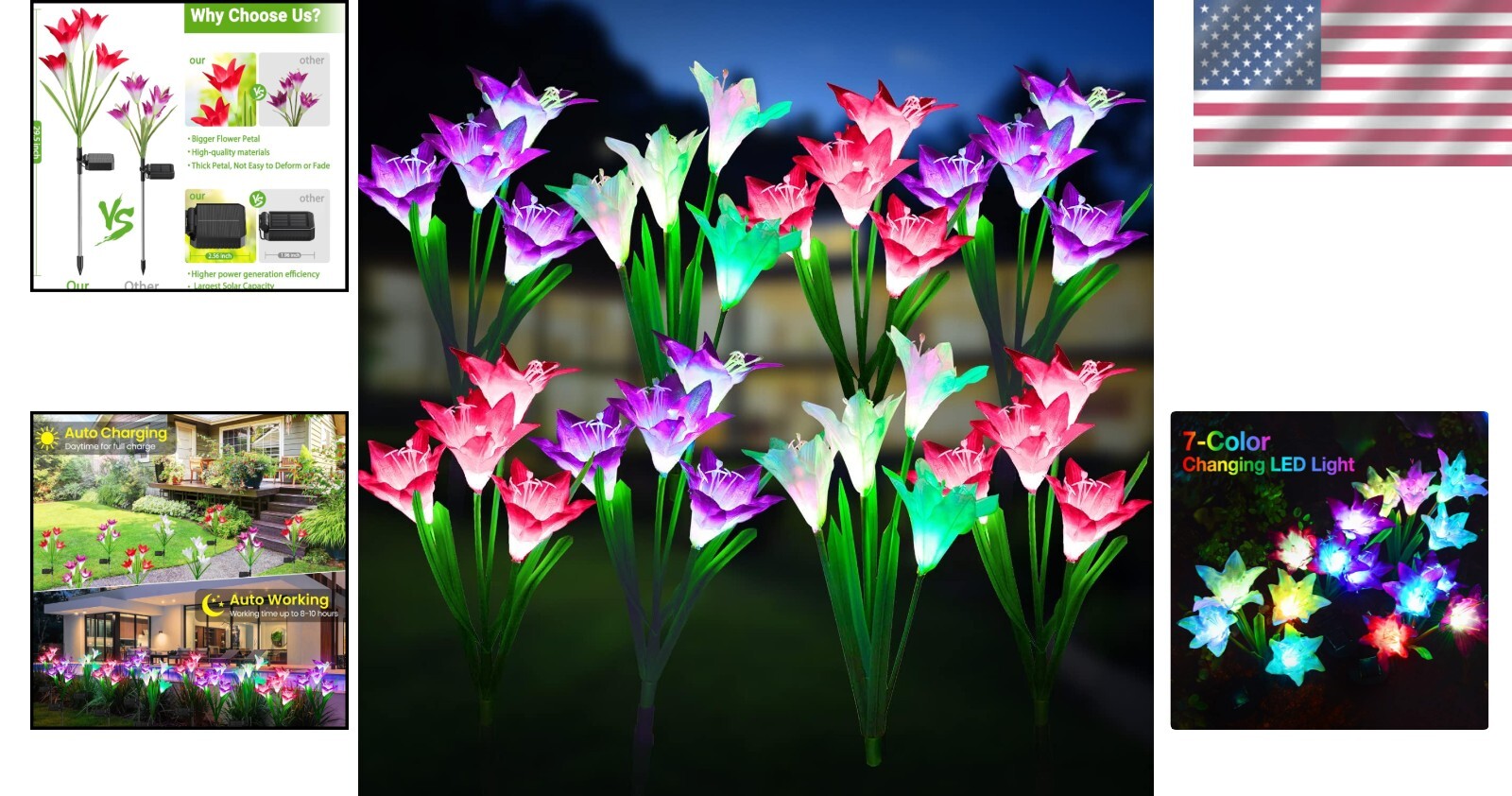Solar Garden Lights Set with 8 Larger Lily Flowers - Waterproof & Color Changing