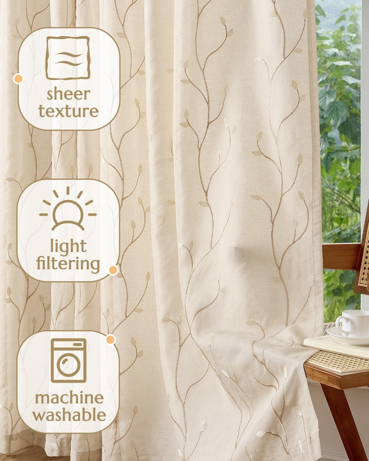 Chic Embroidered Voile Sheer Curtains for Living Room – 84" x 55" Beige Panels