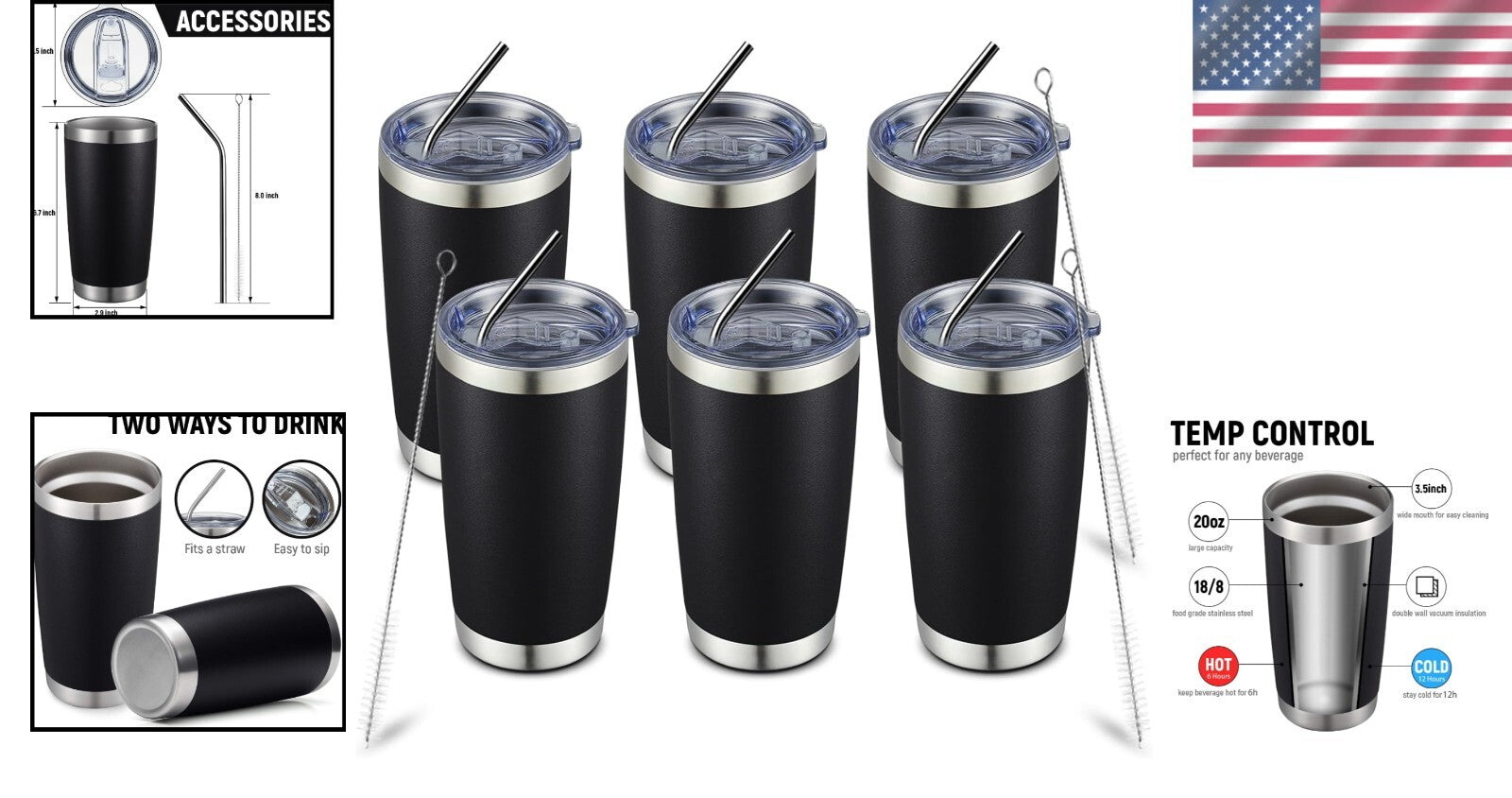 6 Pack 20oz Double Wall Insulated Stainless Steel Travel Tumblers for Hot & Cold