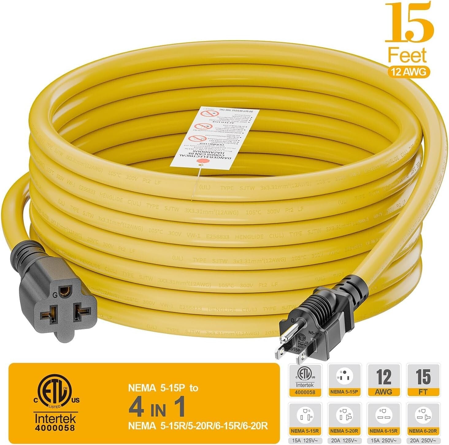 15FT NEMA 5-15P Adapter Cable - Heavy-Duty 12AWG for Versatile Power Needs