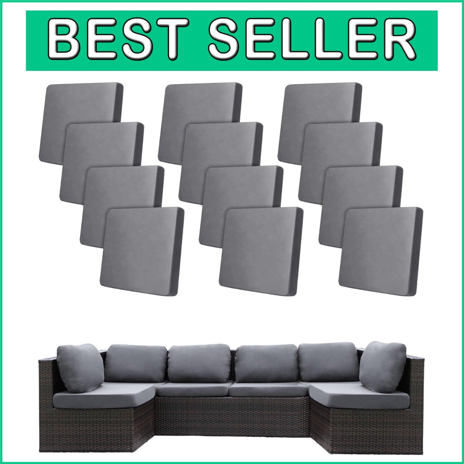 Elastic Slipcovers for Patio Sofa Cushions – 12 Stretch Covers in Classic Grey