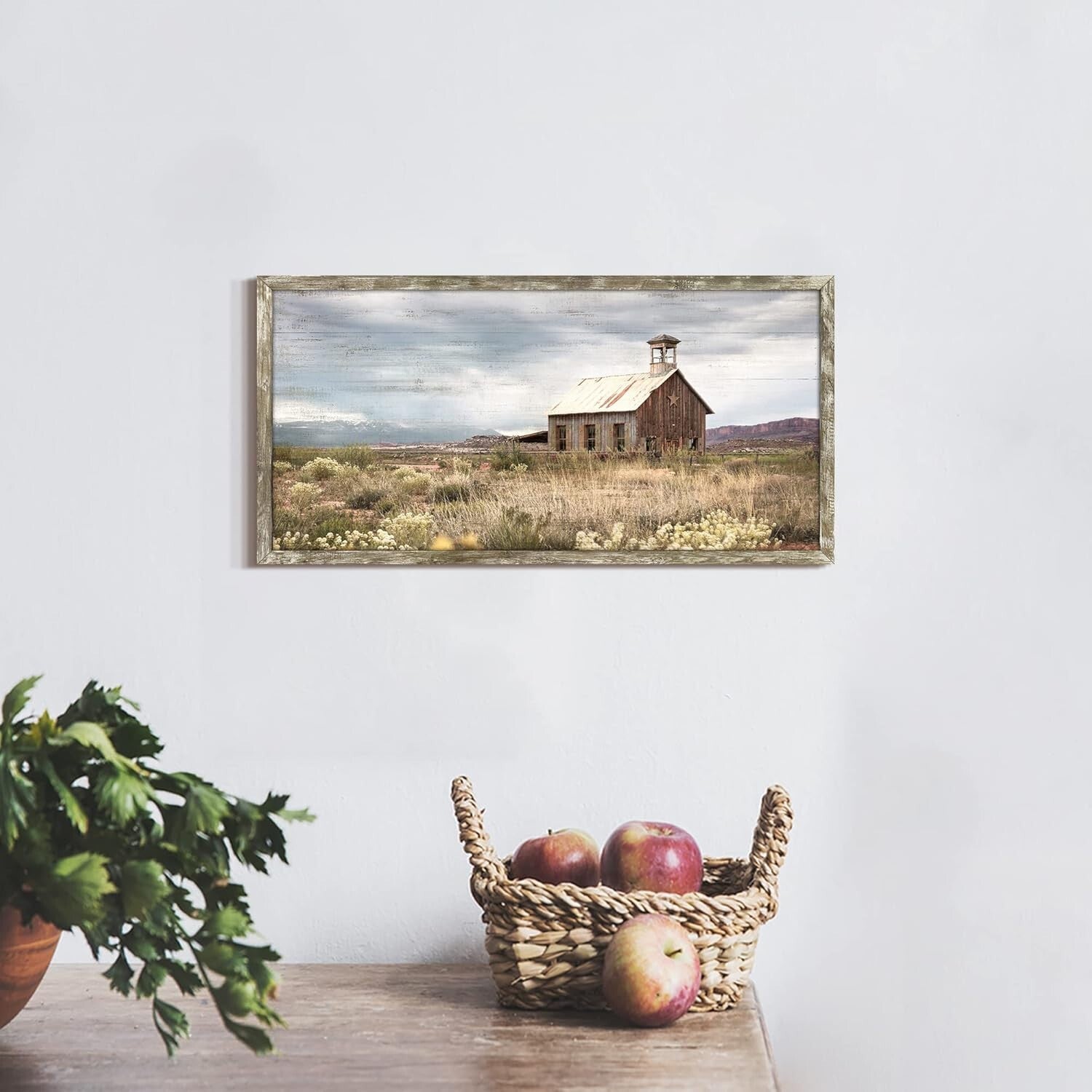 Country View Wall Art: Elegant 24x12 Rustic Barn Framed Picture for Living Room