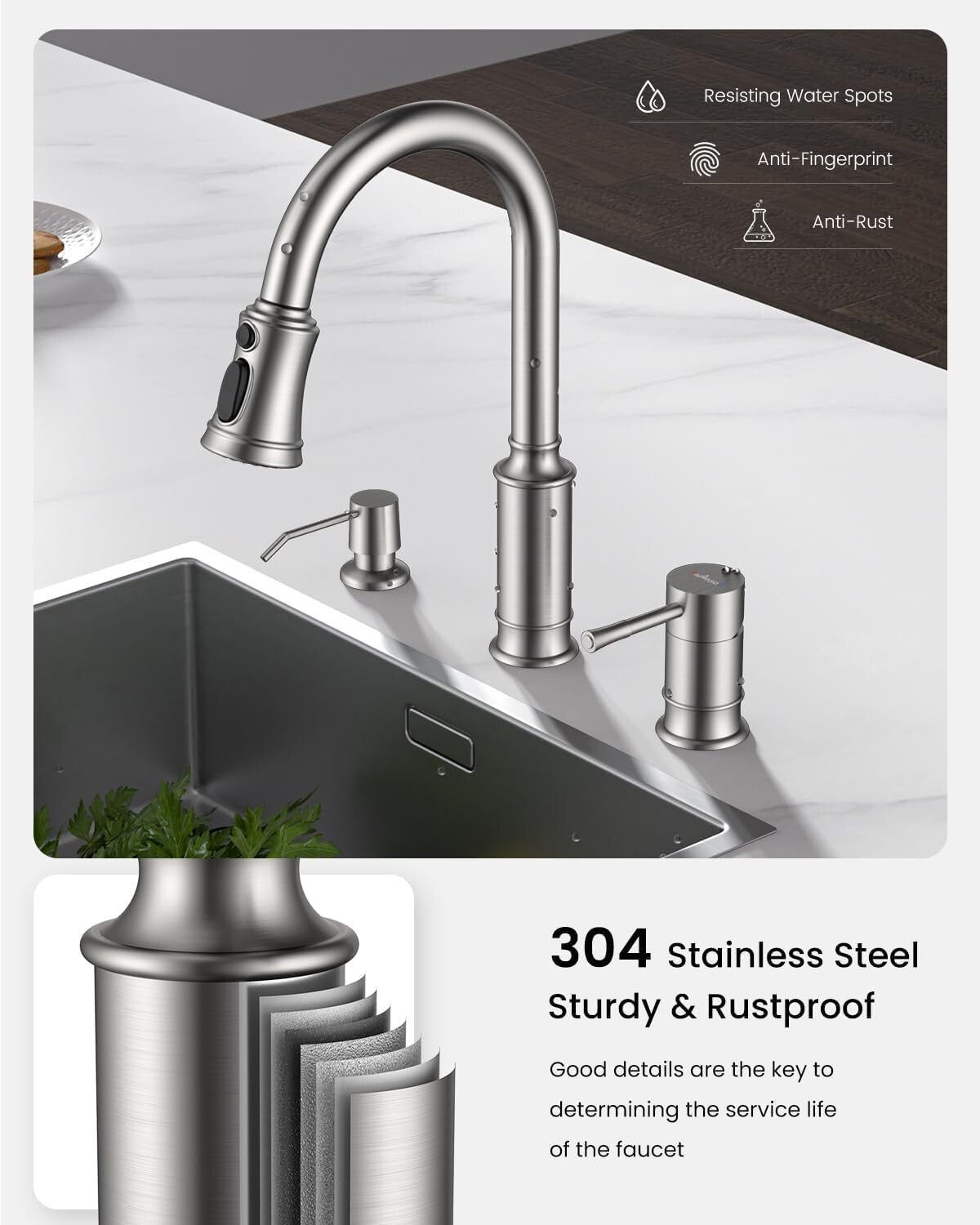 Brushed Nickel Kitchen Faucet with Soap Dispenser & Pull Down Sprayer - 3 Holes